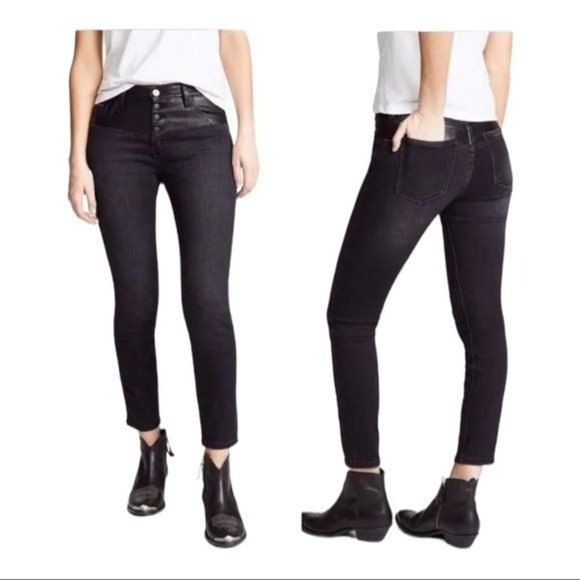 Current/Elliott Stiletto Jeans Fused High Waist Leather Patchwork Black 29 x 28 - Picture 1 of 9